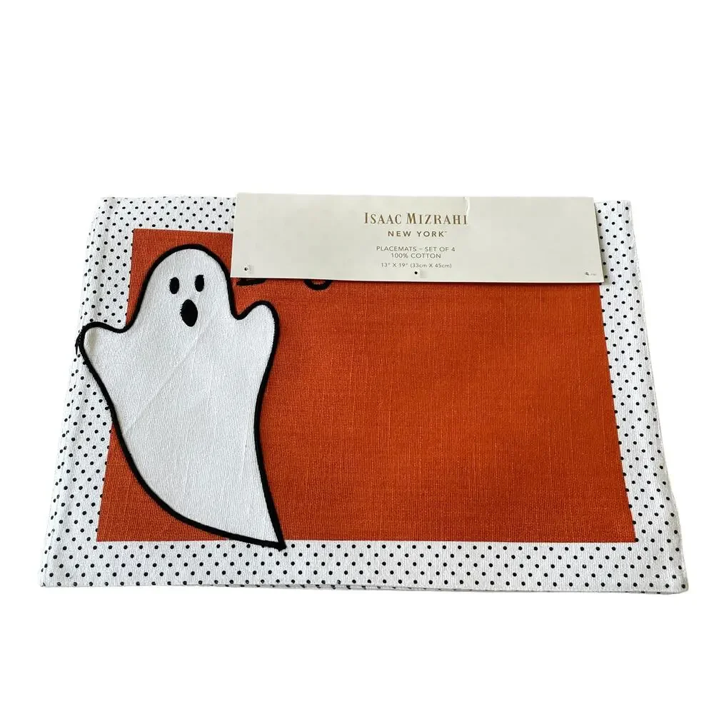 ISAAC MIZRAHI Halloween Ghost Placemats 13x19 Cotton White Orange Set of 4 New